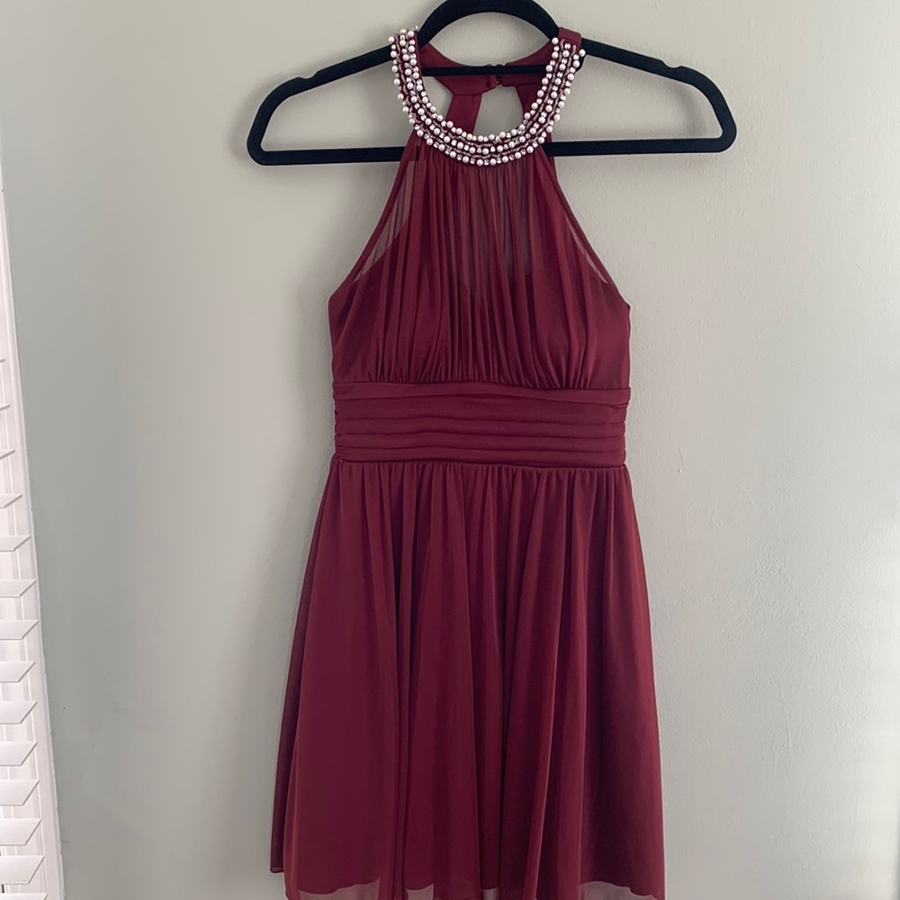 Burgundy Formal Dress - Pearl Embellishment
